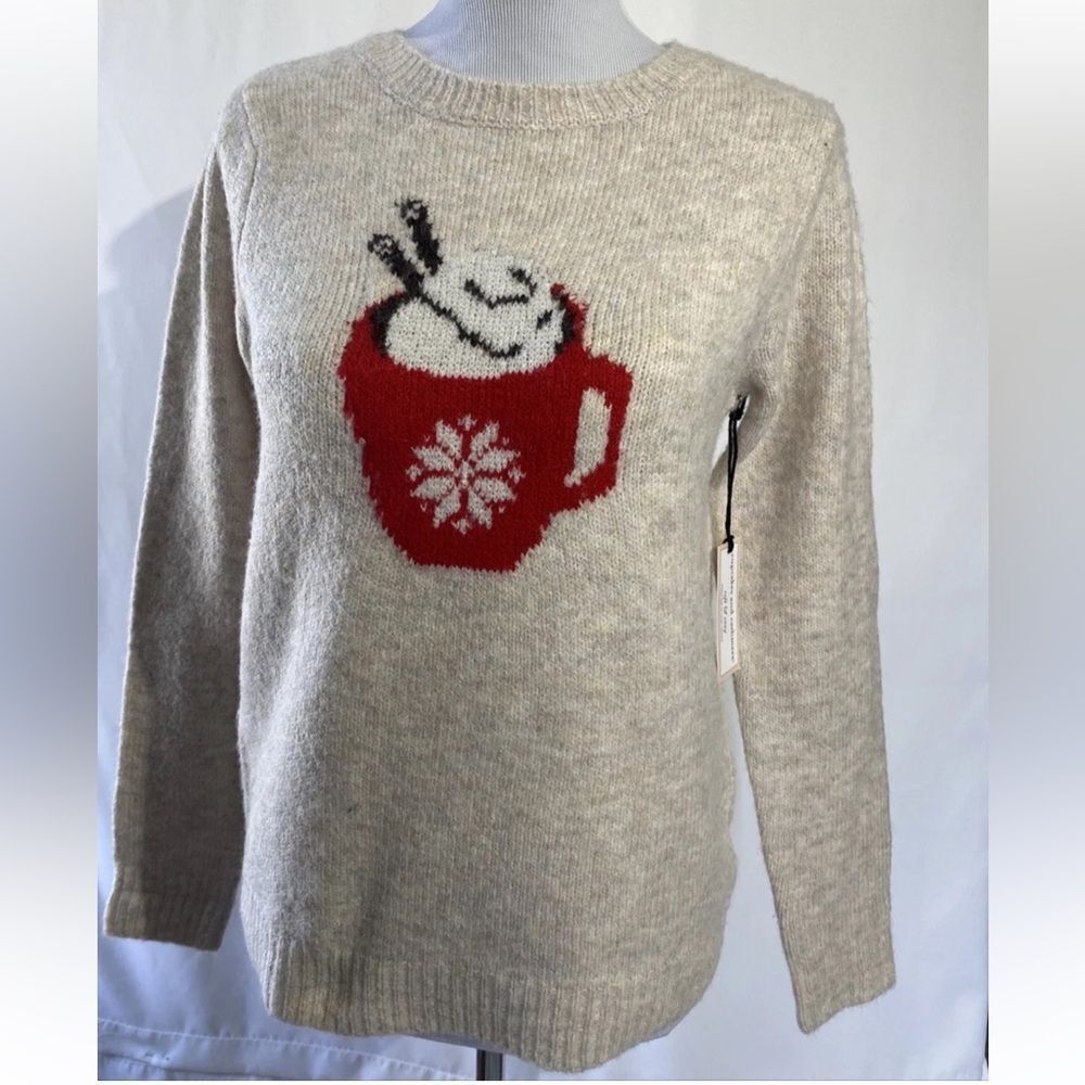 cupcakes and cashmere M Beige Heather Knit Hot Cocoa Graphic Front Crew Sweater
